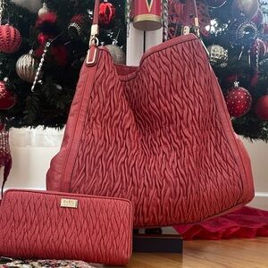 Coach Red Textured Shoulder Bag and Wallet Set